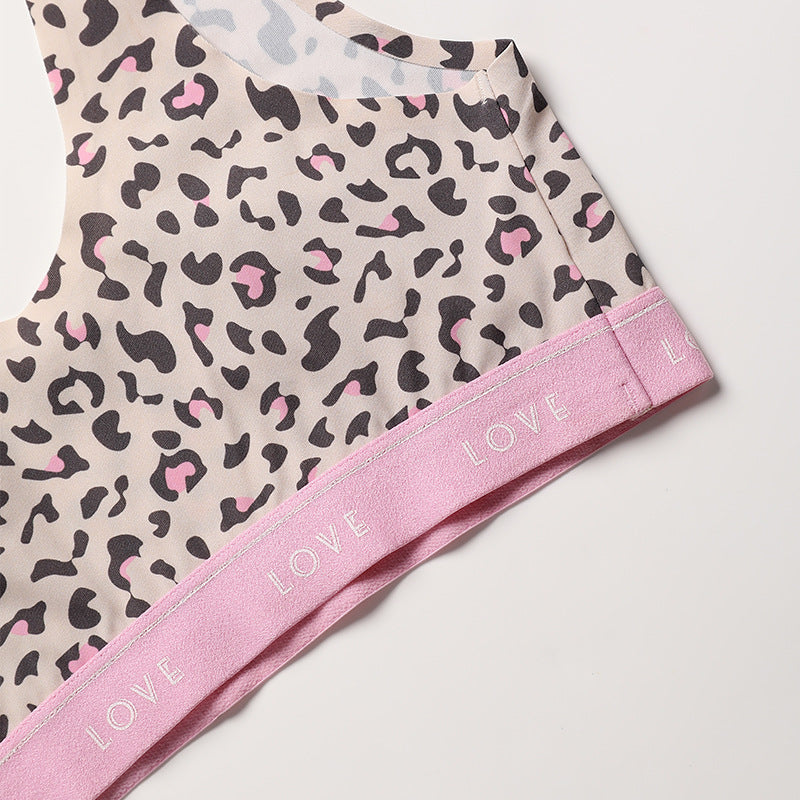 Letters Leopard Print Seamless Ice Silk Underwear Suit T-back Women's Push Up Wireless Br
