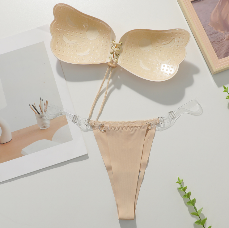 Viomisha 1 Set Women Sticky Bra And Thong Briefs Backless Strapless Bra Push Up Breathable Underwear Adhesive Invisible Lift Up Bras.