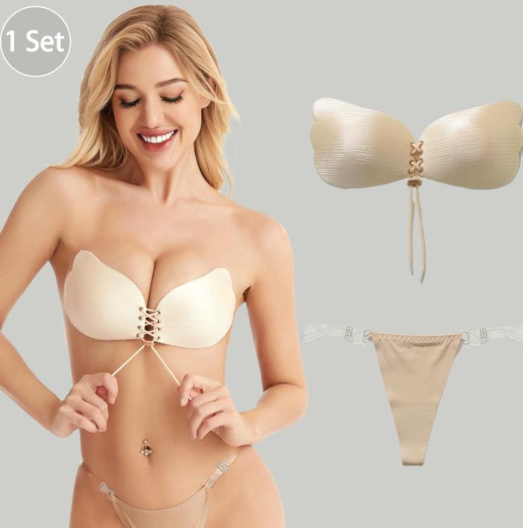 Viomisha 1 Set Women Sticky Bra And Thong Briefs Backless Strapless Bra Push Up Breathable Underwear Adhesive Invisible Lift Up Bras.