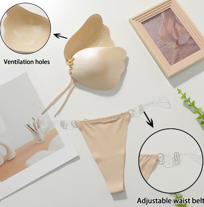 Viomisha 1 Set Women Sticky Bra And Thong Briefs Backless Strapless Bra Push Up Breathable Underwear Adhesive Invisible Lift Up Bras.