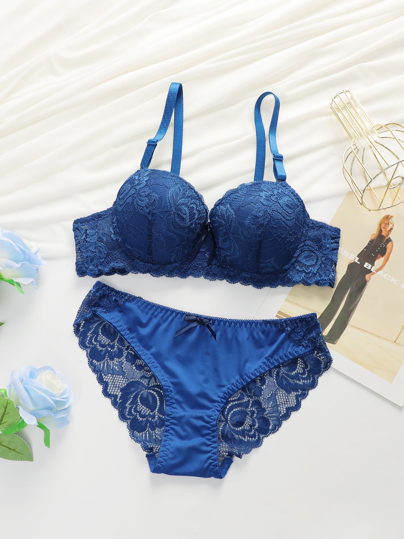 Sexy Gathered Steel Ring Lace Underwear Bra Set
