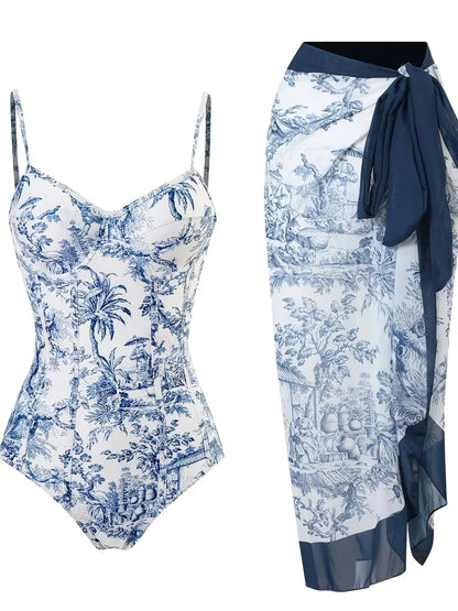 New European And American Style One-Piece Fashionable Sexy Swimsuit For Women, Slimming Retro Print, Popular Swimwear Set