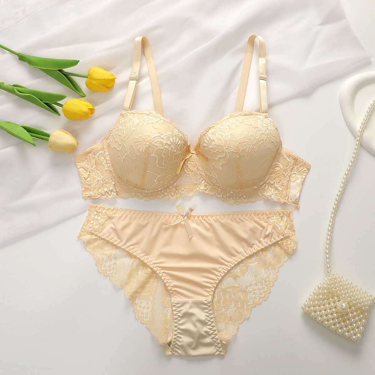 Sexy Gathered Steel Ring Lace Underwear Bra Set