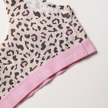 Letters Leopard Print Seamless Ice Silk Underwear Suit T-back Women's Push Up Wireless Br